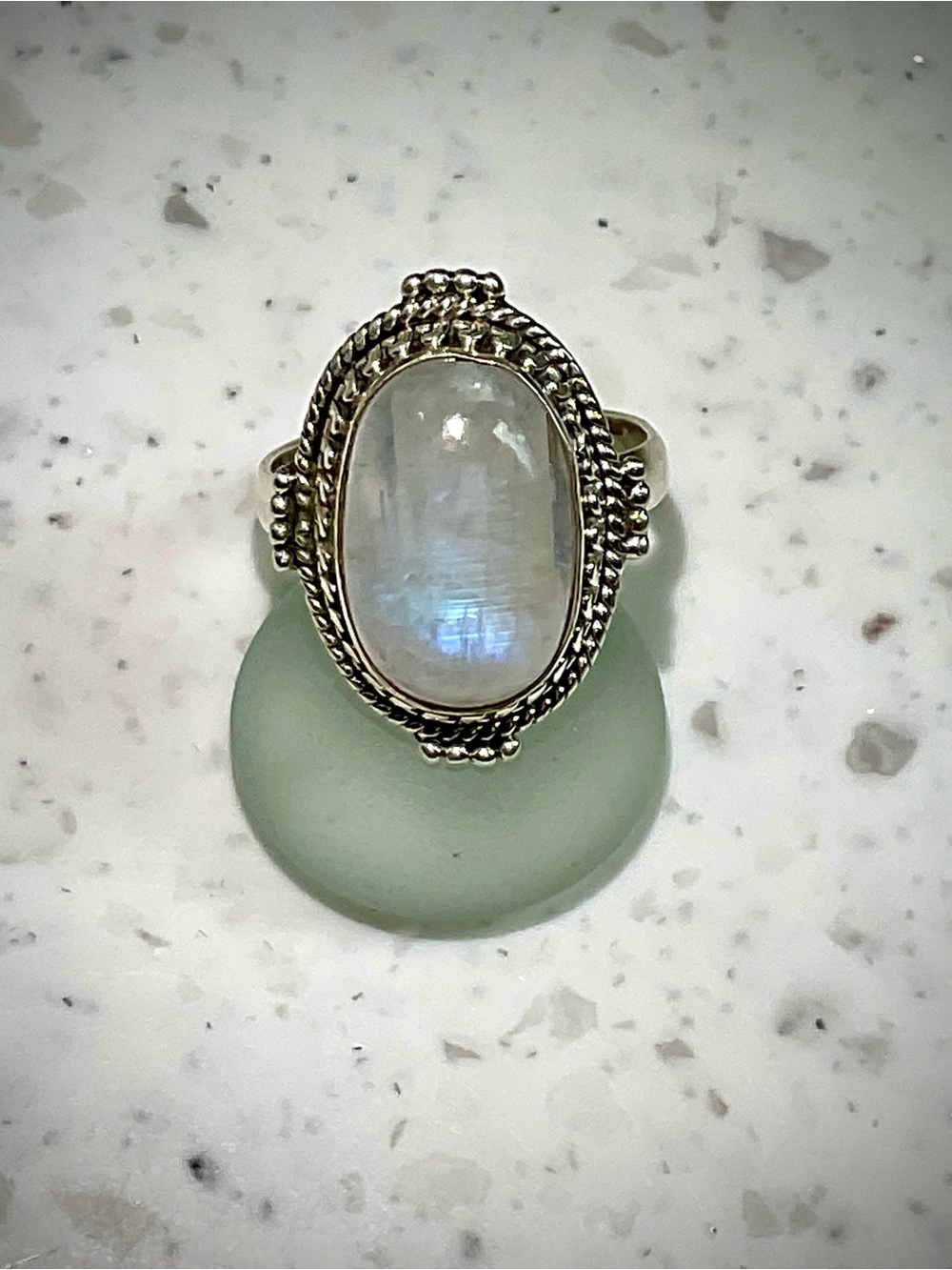 Sterling Silver 925 Moonstone Oval Statement Ring - White/Blue Adularescence